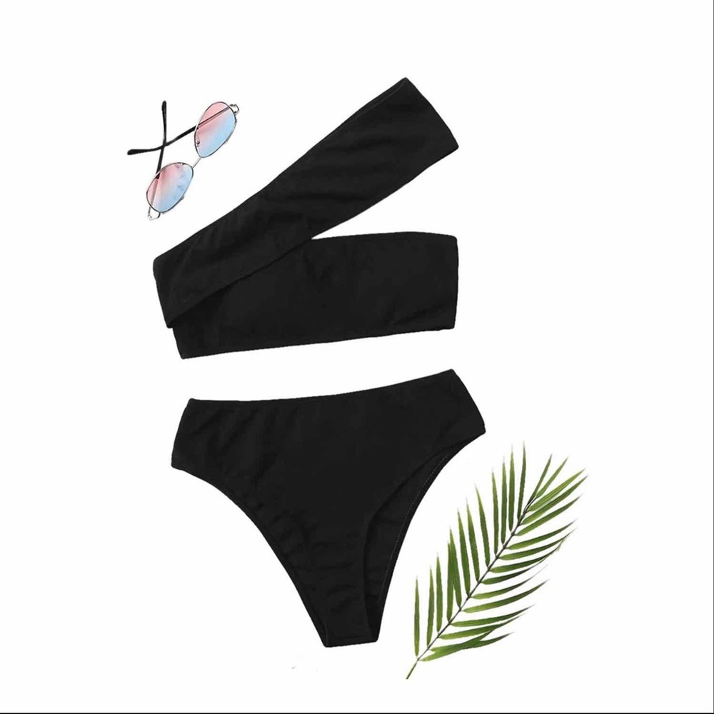 One Shoulder Ribbed Bikini Set High Waisted Suit